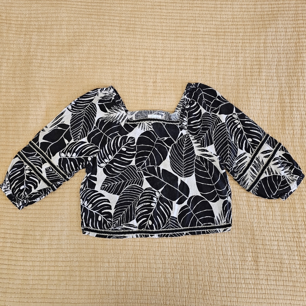 Cynthia Rowley Linen Crop Top Tropical Leaf Resort Vacation Black And White